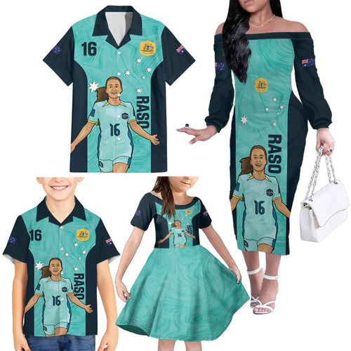 Australia Soccer Family Matching Off The Shoulder Long Sleeve Dress and Hawaiian Shirt Raso Matildas Turquoise Version