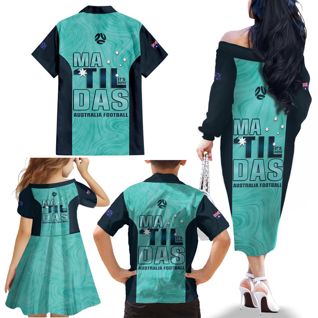 Australia Soccer Family Matching Off The Shoulder Long Sleeve Dress and Hawaiian Shirt Raso Matildas Turquoise Version