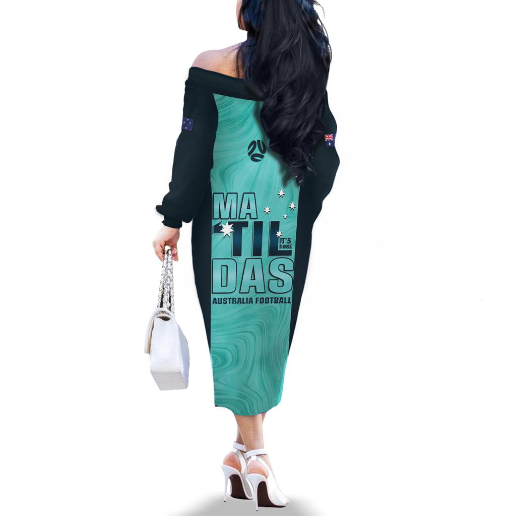 Australia Soccer Family Matching Off The Shoulder Long Sleeve Dress and Hawaiian Shirt Raso Matildas Turquoise Version
