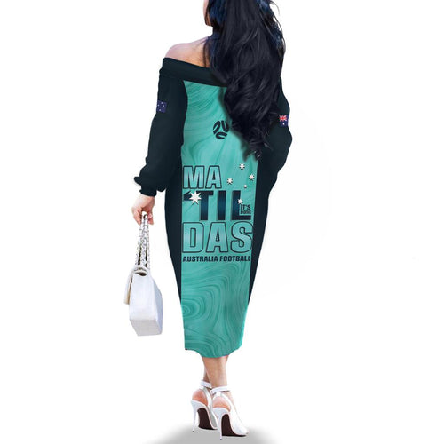 Australia Soccer Family Matching Off The Shoulder Long Sleeve Dress and Hawaiian Shirt Raso Matildas Turquoise Version