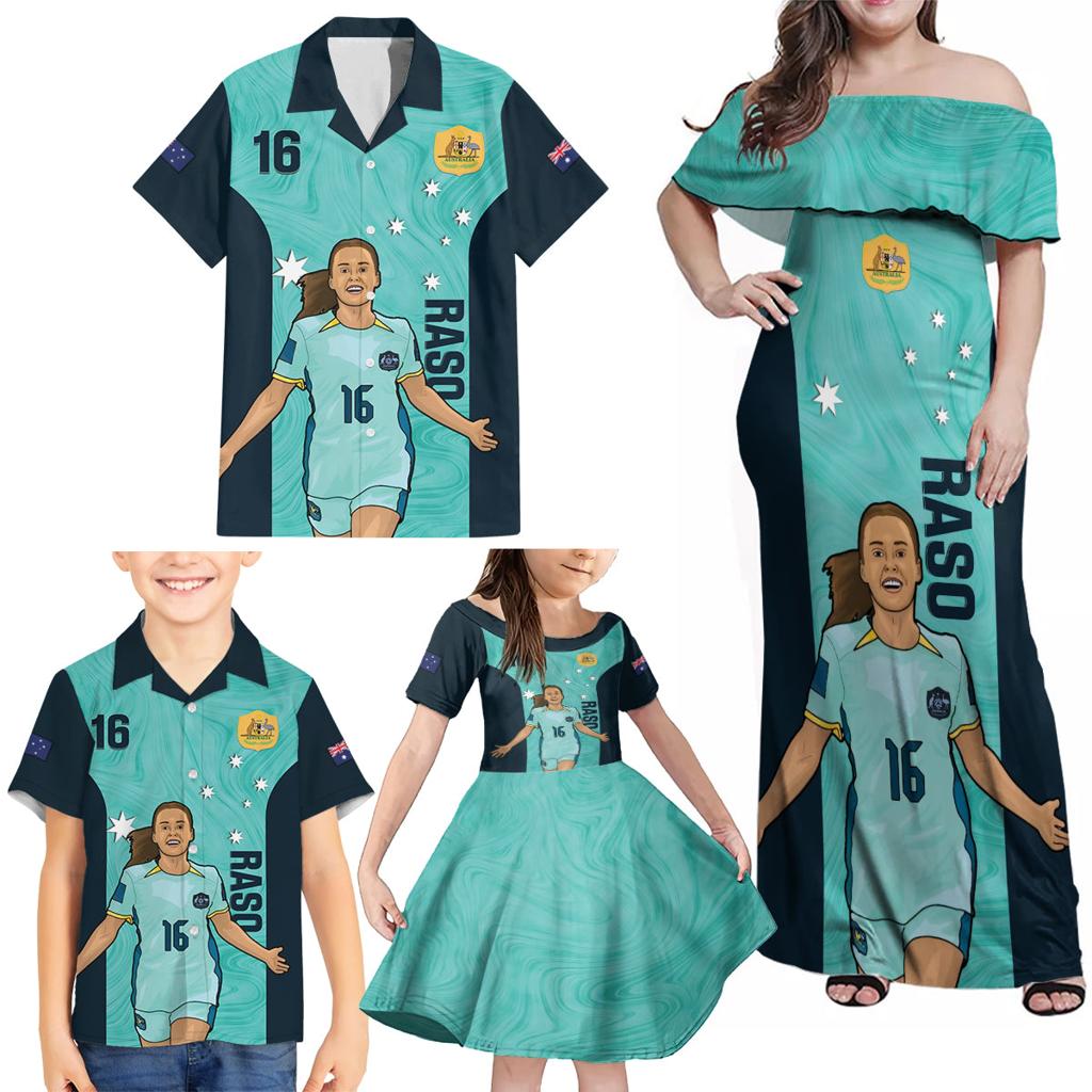 Australia Soccer Family Matching Off Shoulder Maxi Dress and Hawaiian Shirt Raso Matildas Turquoise Version