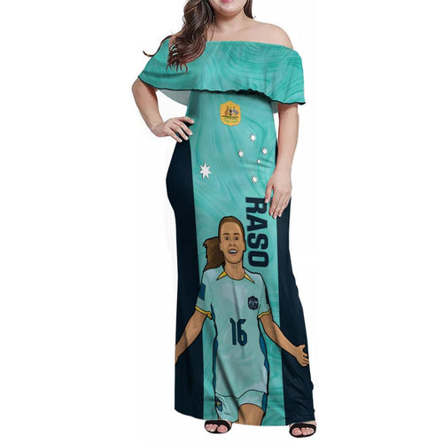 Australia Soccer Family Matching Off Shoulder Maxi Dress and Hawaiian Shirt Raso Matildas Turquoise Version