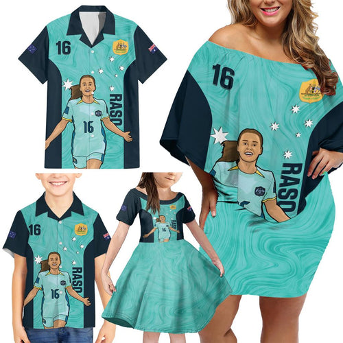 Australia Soccer Family Matching Off Shoulder Short Dress and Hawaiian Shirt Raso Matildas Turquoise Version