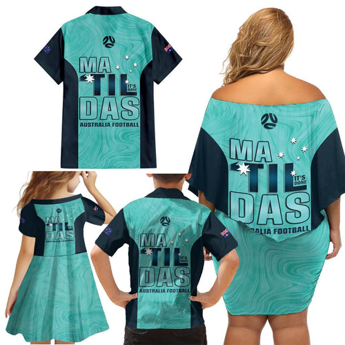 Australia Soccer Family Matching Off Shoulder Short Dress and Hawaiian Shirt Raso Matildas Turquoise Version
