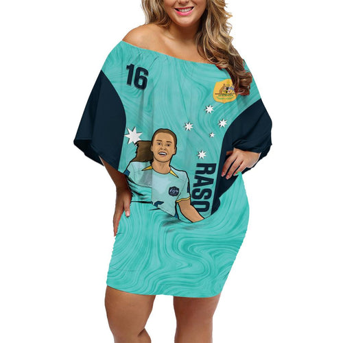 Australia Soccer Family Matching Off Shoulder Short Dress and Hawaiian Shirt Raso Matildas Turquoise Version