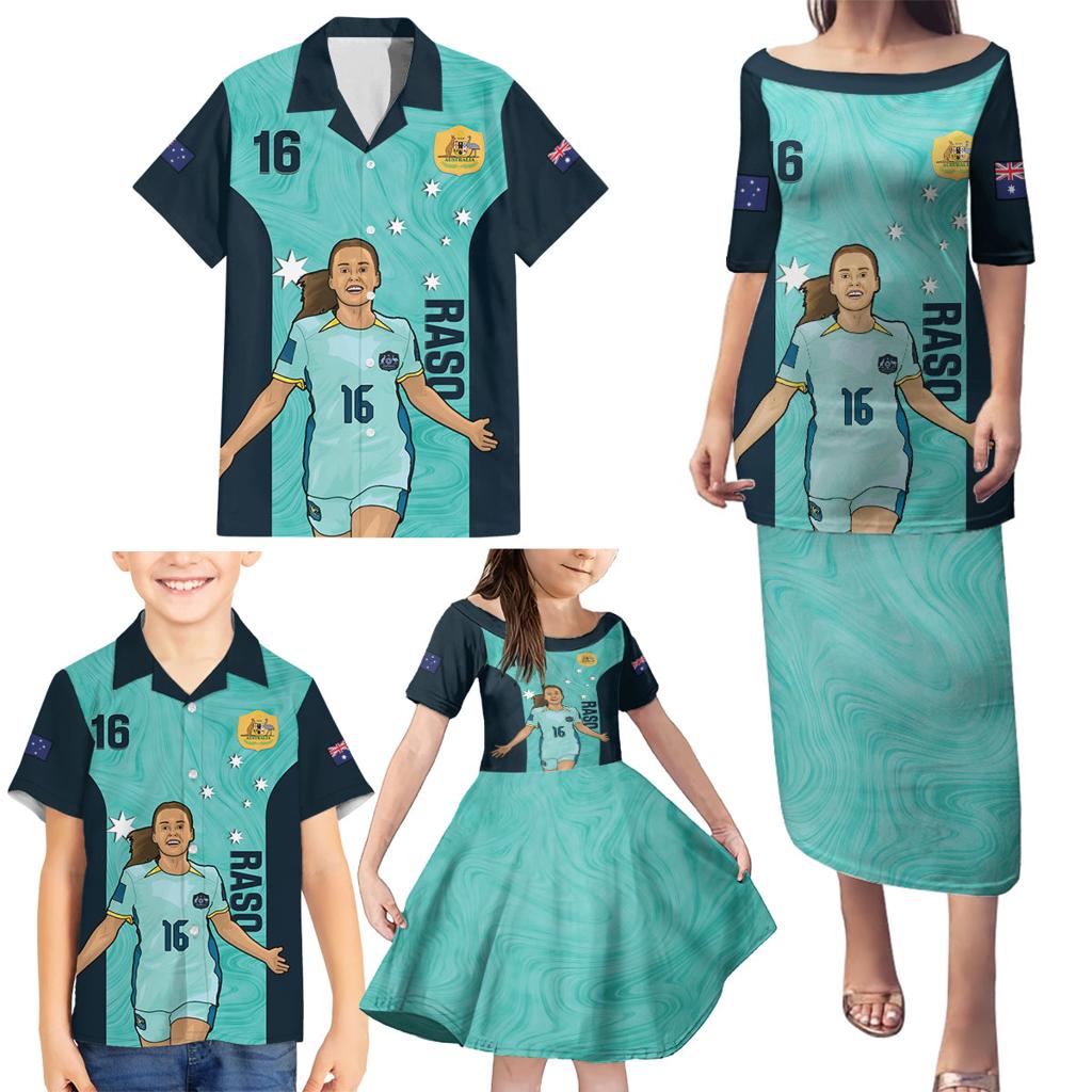 Australia Soccer Family Matching Puletasi and Hawaiian Shirt Raso Matildas Turquoise Version