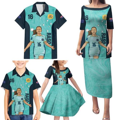 Australia Soccer Family Matching Puletasi and Hawaiian Shirt Raso Matildas Turquoise Version