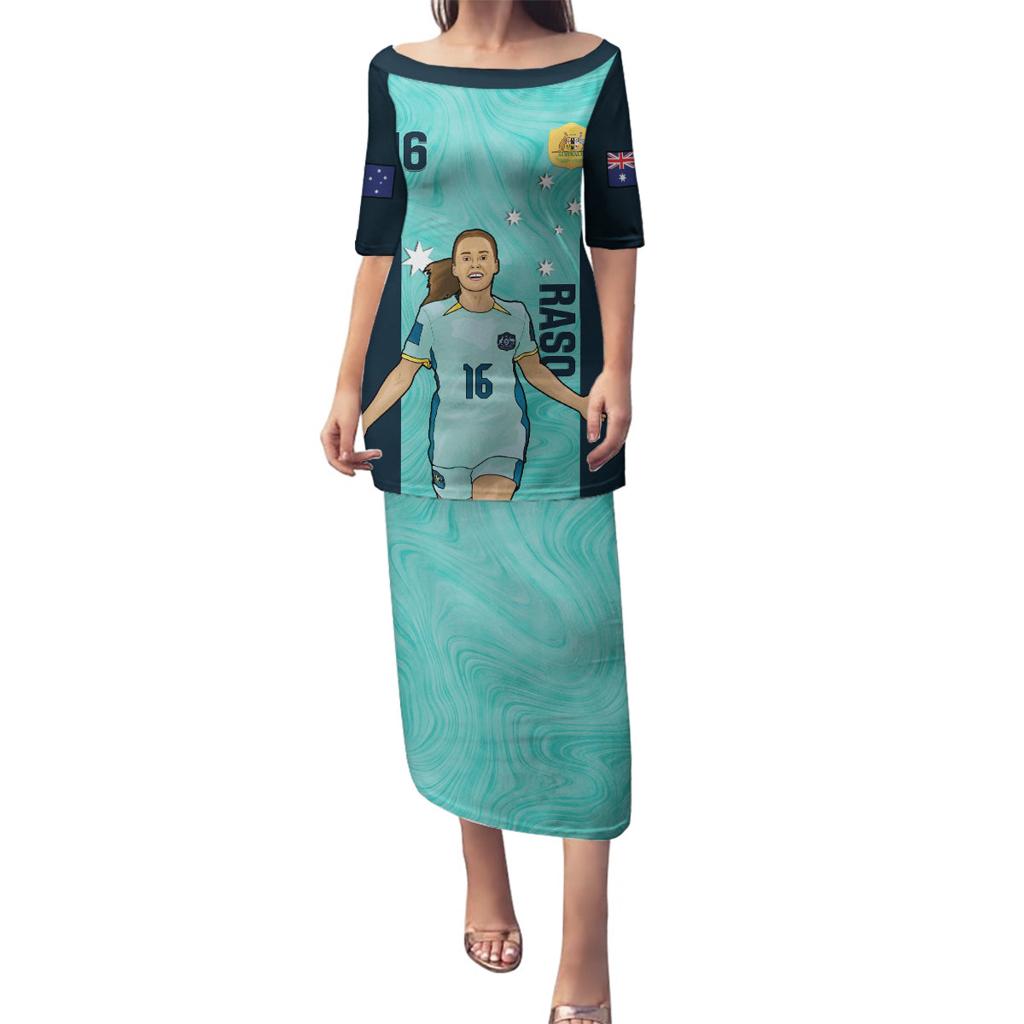 Australia Soccer Family Matching Puletasi and Hawaiian Shirt Raso Matildas Turquoise Version