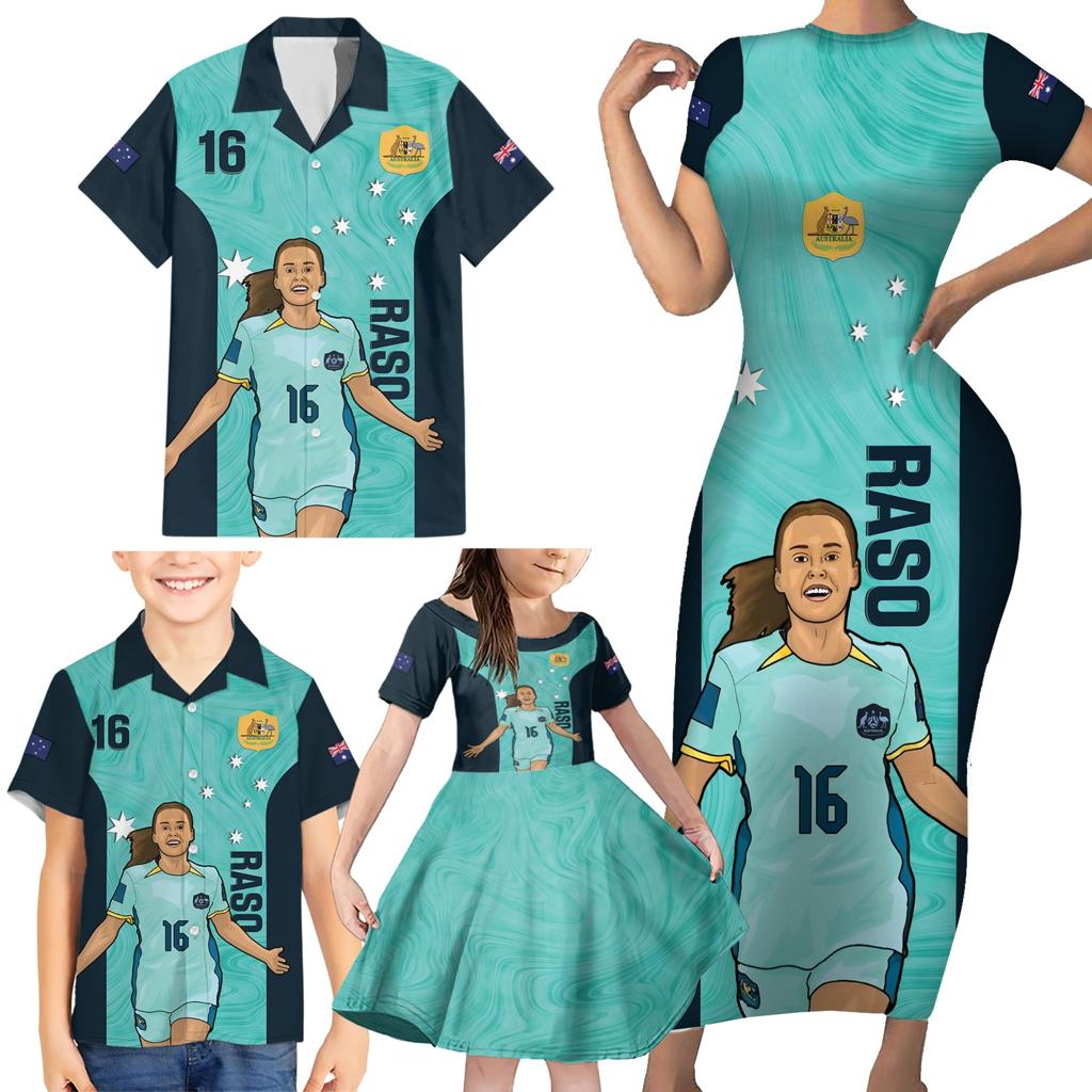 Australia Soccer Family Matching Short Sleeve Bodycon Dress and Hawaiian Shirt Raso Matildas Turquoise Version