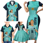 Australia Soccer Family Matching Short Sleeve Bodycon Dress and Hawaiian Shirt Raso Matildas Turquoise Version