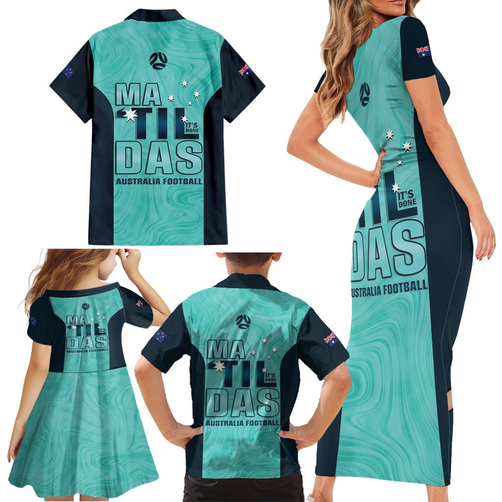 Australia Soccer Family Matching Short Sleeve Bodycon Dress and Hawaiian Shirt Raso Matildas Turquoise Version