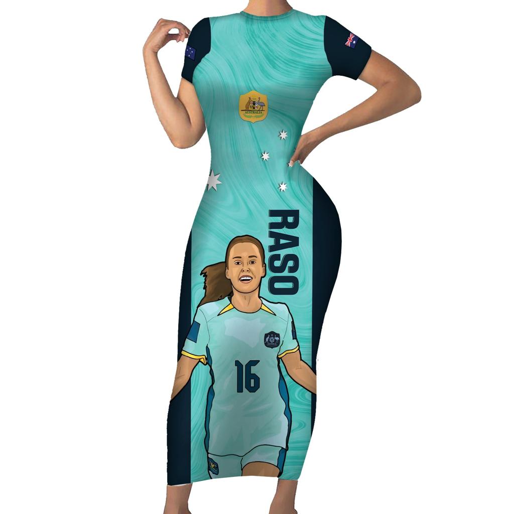Australia Soccer Family Matching Short Sleeve Bodycon Dress and Hawaiian Shirt Raso Matildas Turquoise Version