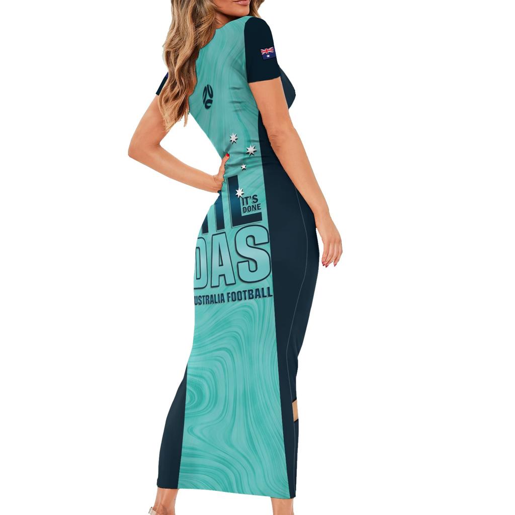 Australia Soccer Family Matching Short Sleeve Bodycon Dress and Hawaiian Shirt Raso Matildas Turquoise Version