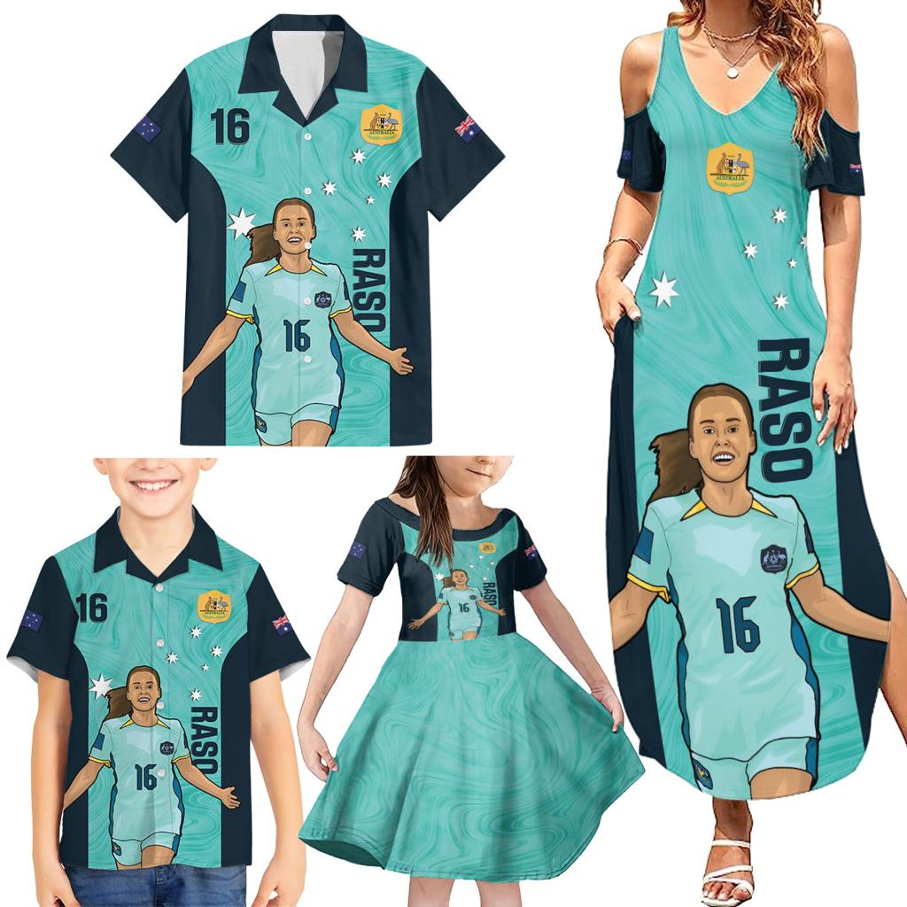 Australia Soccer Family Matching Summer Maxi Dress and Hawaiian Shirt Raso Matildas Turquoise Version