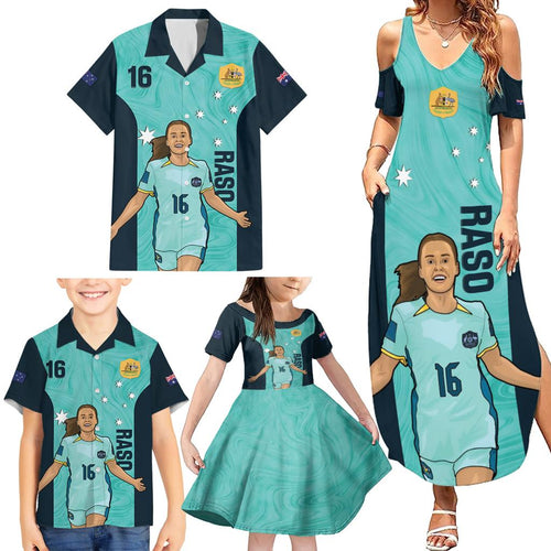 Australia Soccer Family Matching Summer Maxi Dress and Hawaiian Shirt Raso Matildas Turquoise Version