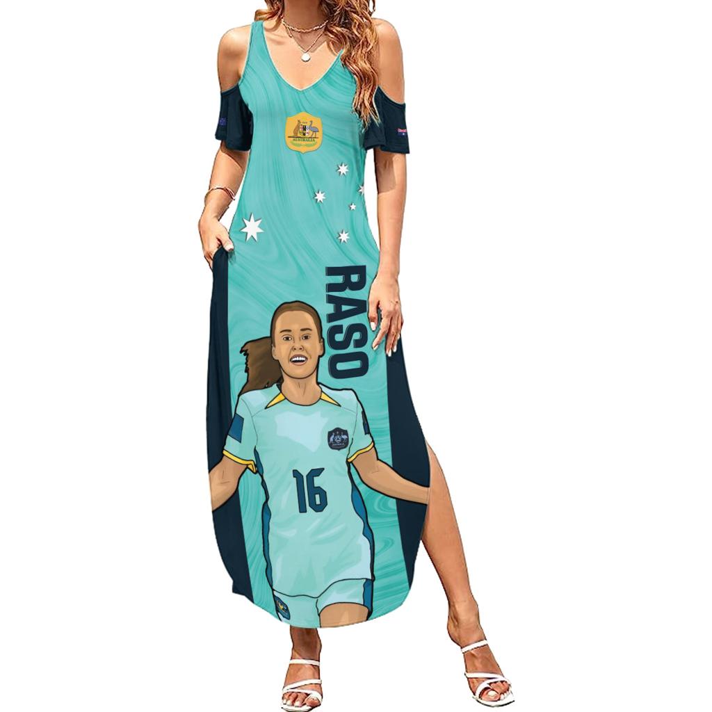 Australia Soccer Family Matching Summer Maxi Dress and Hawaiian Shirt Raso Matildas Turquoise Version
