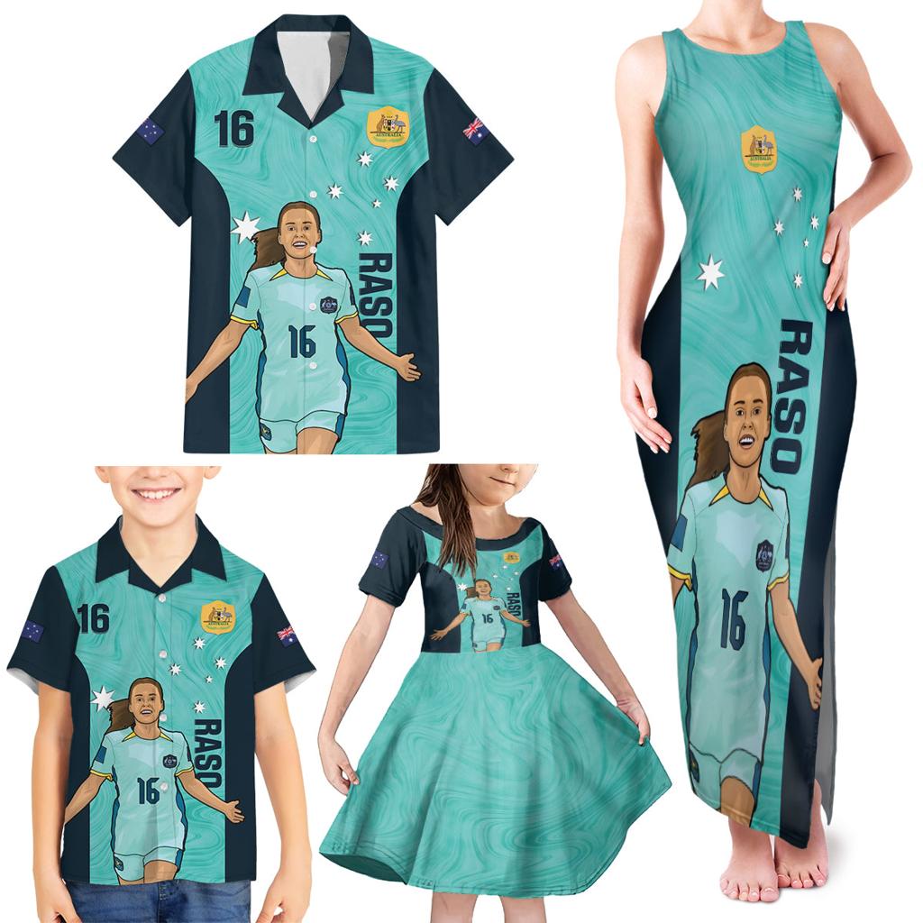 Australia Soccer Family Matching Tank Maxi Dress and Hawaiian Shirt Raso Matildas Turquoise Version