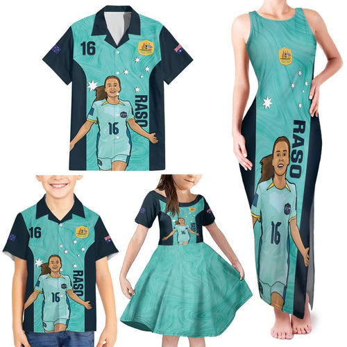 Australia Soccer Family Matching Tank Maxi Dress and Hawaiian Shirt Raso Matildas Turquoise Version