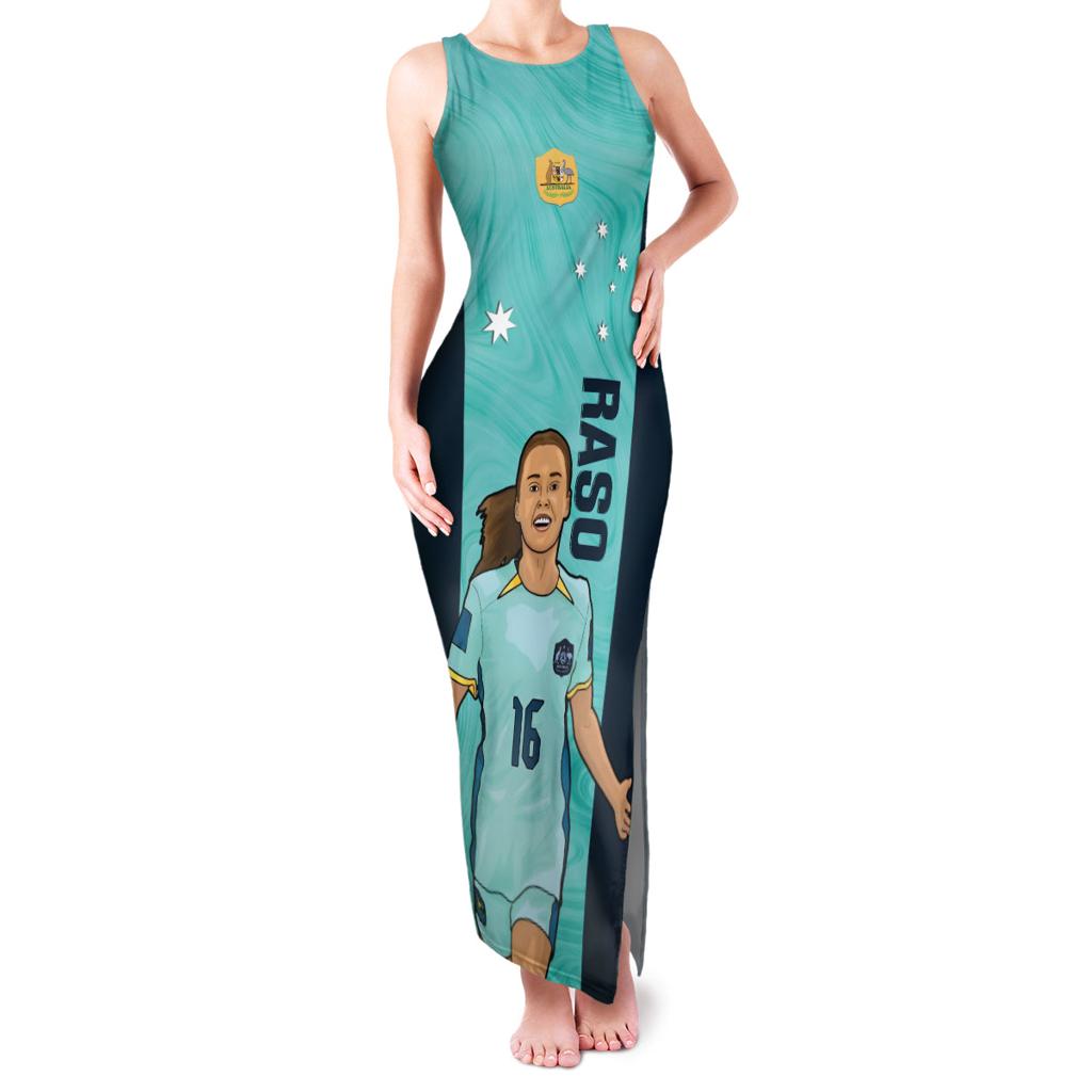 Australia Soccer Family Matching Tank Maxi Dress and Hawaiian Shirt Raso Matildas Turquoise Version