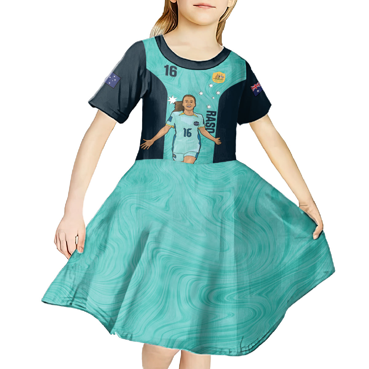 Australia Soccer Kid Short Sleeve Dress Raso Matildas Turquoise Version