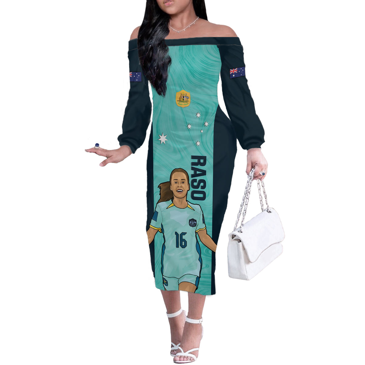 Australia Soccer Off The Shoulder Long Sleeve Dress Raso Matildas Turquoise Version