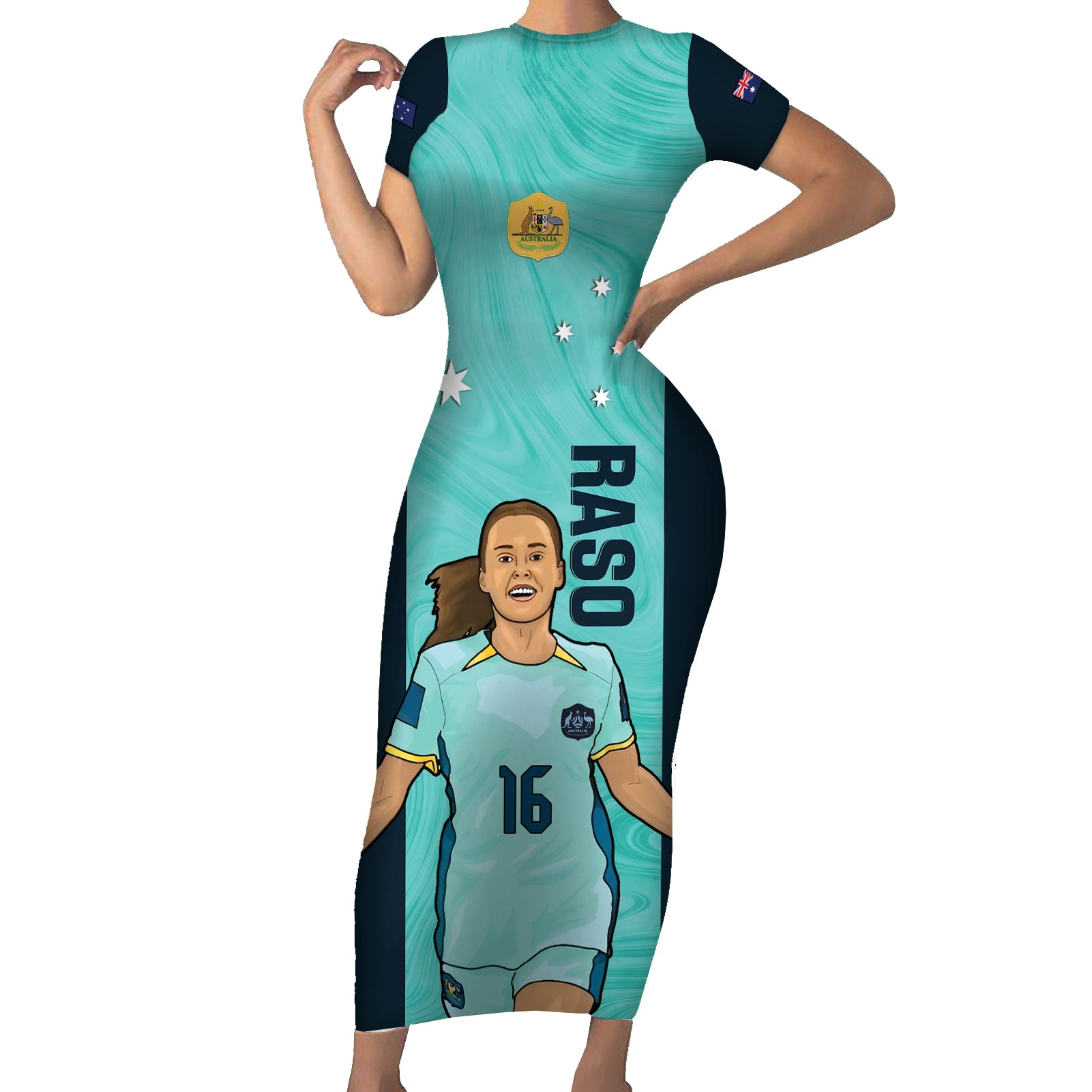Australia Soccer Short Sleeve Bodycon Dress Raso Matildas Turquoise Version