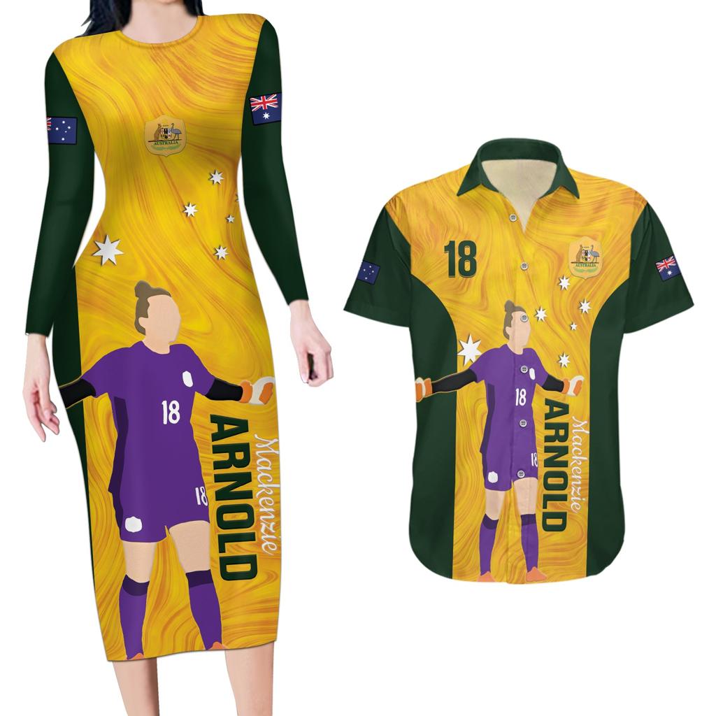 Australia Soccer Couples Matching Long Sleeve Bodycon Dress and Hawaiian Shirt Arnold Matildas Gold Version