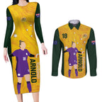 Australia Soccer Couples Matching Long Sleeve Bodycon Dress and Long Sleeve Button Shirt Arnold Matildas Gold Version