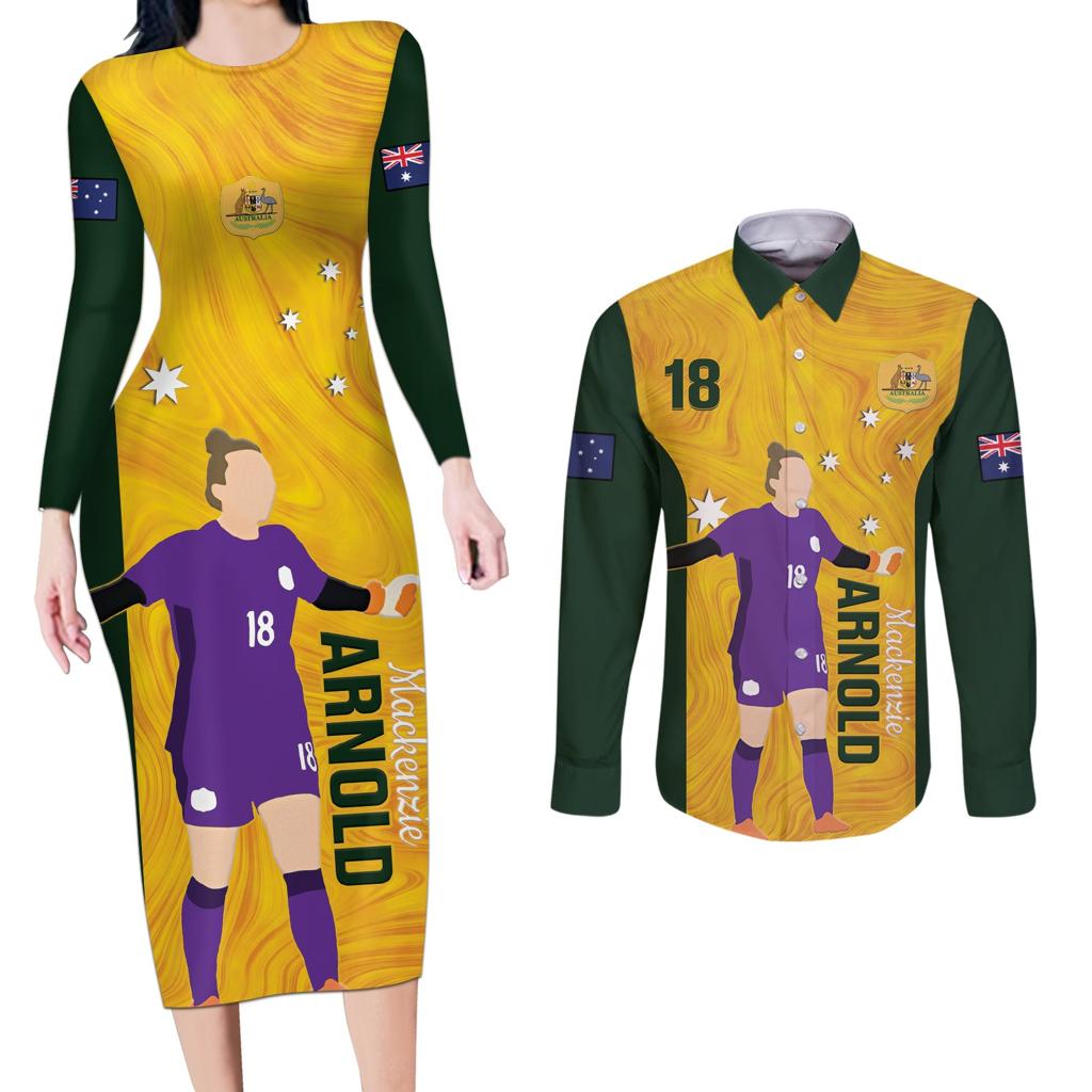 Australia Soccer Couples Matching Long Sleeve Bodycon Dress and Long Sleeve Button Shirt Arnold Matildas Gold Version