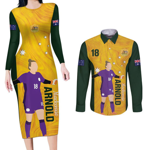 Australia Soccer Couples Matching Long Sleeve Bodycon Dress and Long Sleeve Button Shirt Arnold Matildas Gold Version