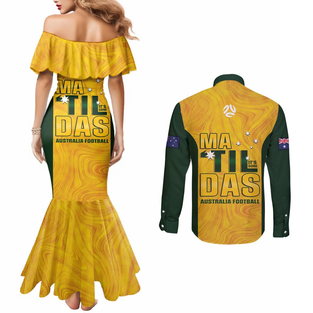 Australia Soccer Couples Matching Mermaid Dress and Long Sleeve Button Shirt Arnold Matildas Gold Version