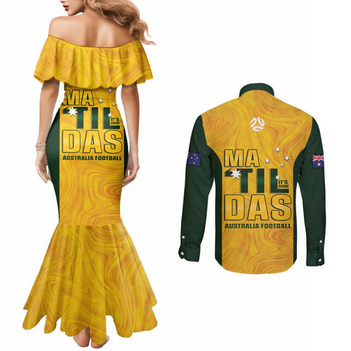 Australia Soccer Couples Matching Mermaid Dress and Long Sleeve Button Shirt Arnold Matildas Gold Version