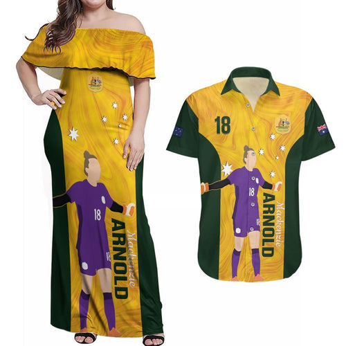 Australia Soccer Couples Matching Off Shoulder Maxi Dress and Hawaiian Shirt Arnold Matildas Gold Version