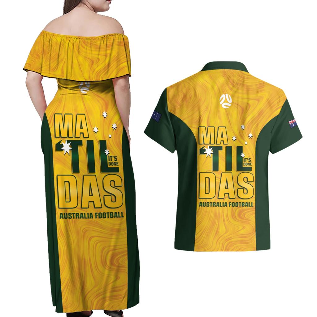 Australia Soccer Couples Matching Off Shoulder Maxi Dress and Hawaiian Shirt Arnold Matildas Gold Version