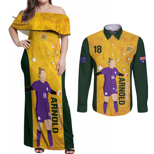 Australia Soccer Couples Matching Off Shoulder Maxi Dress and Long Sleeve Button Shirt Arnold Matildas Gold Version