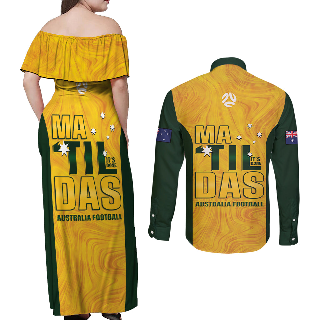 Australia Soccer Couples Matching Off Shoulder Maxi Dress and Long Sleeve Button Shirt Arnold Matildas Gold Version
