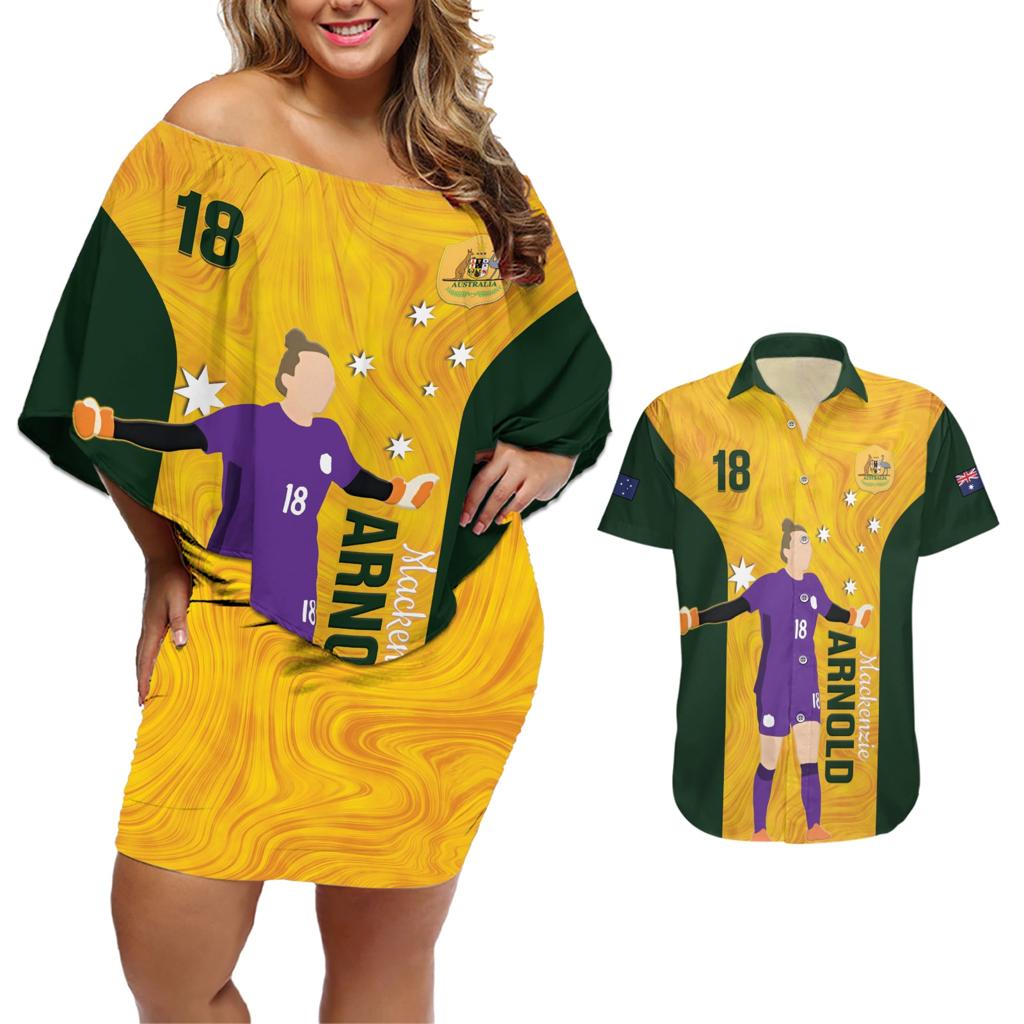 Australia Soccer Couples Matching Off Shoulder Short Dress and Hawaiian Shirt Arnold Matildas Gold Version