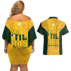 Australia Soccer Couples Matching Off Shoulder Short Dress and Hawaiian Shirt Arnold Matildas Gold Version