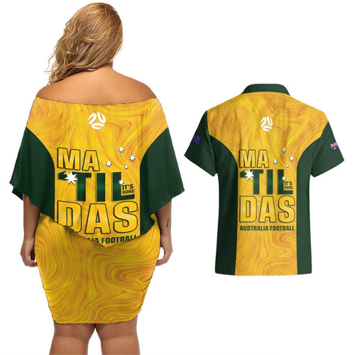 Australia Soccer Couples Matching Off Shoulder Short Dress and Hawaiian Shirt Arnold Matildas Gold Version