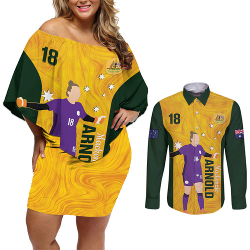 Australia Soccer Couples Matching Off Shoulder Short Dress and Long Sleeve Button Shirt Arnold Matildas Gold Version