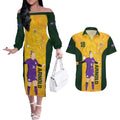 Australia Soccer Couples Matching Off The Shoulder Long Sleeve Dress and Hawaiian Shirt Arnold Matildas Gold Version