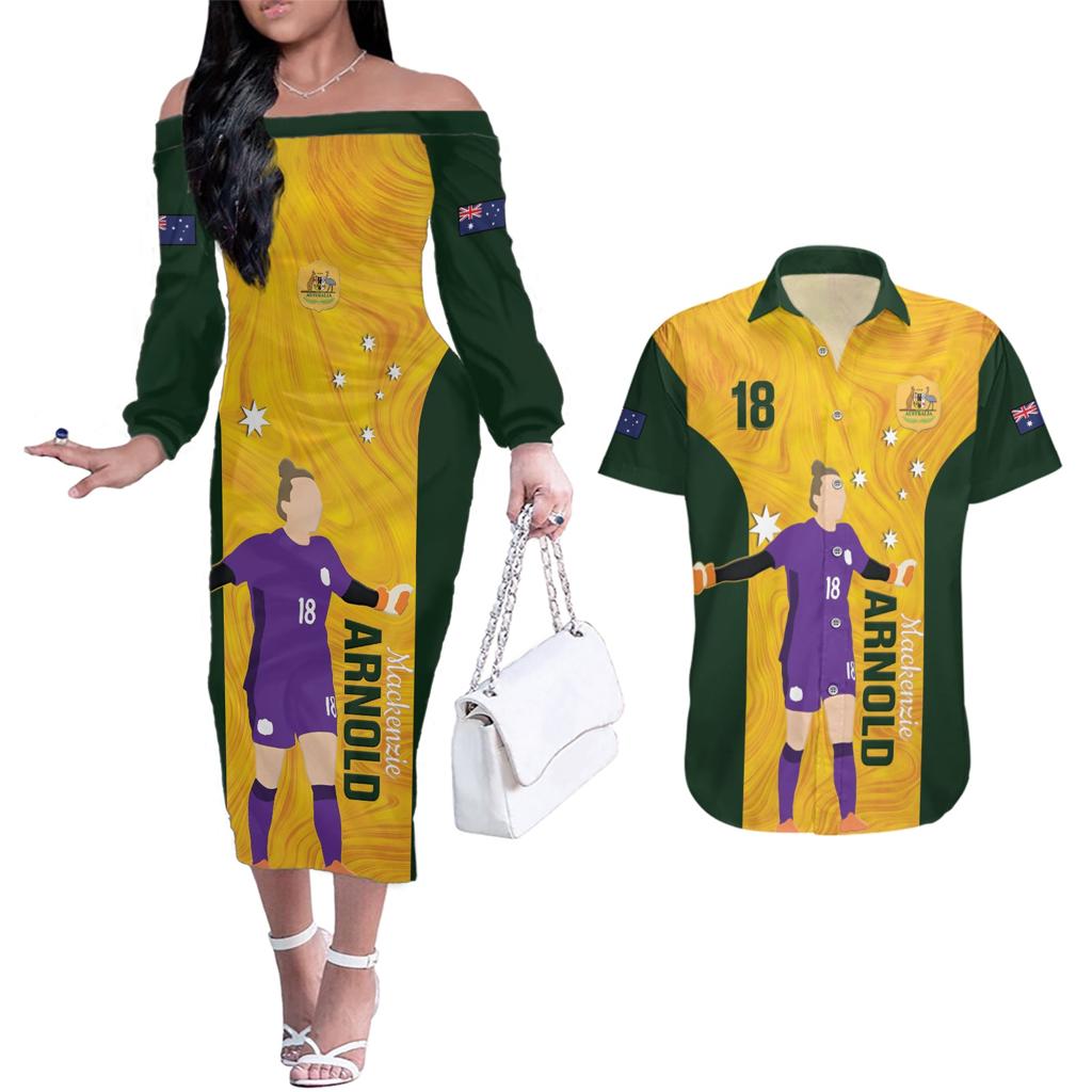 Australia Soccer Couples Matching Off The Shoulder Long Sleeve Dress and Hawaiian Shirt Arnold Matildas Gold Version