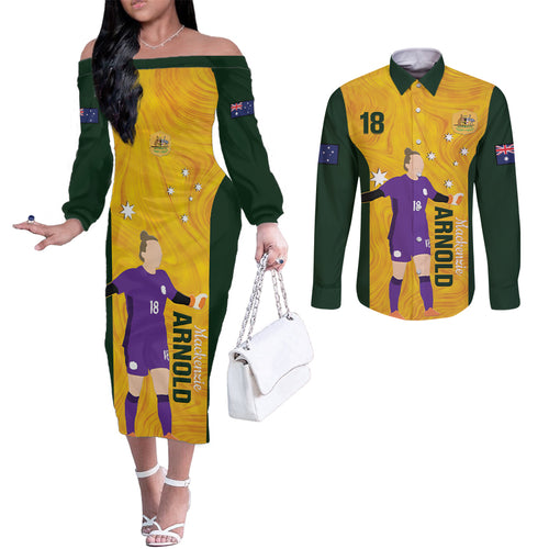 Australia Soccer Couples Matching Off The Shoulder Long Sleeve Dress and Long Sleeve Button Shirt Arnold Matildas Gold Version