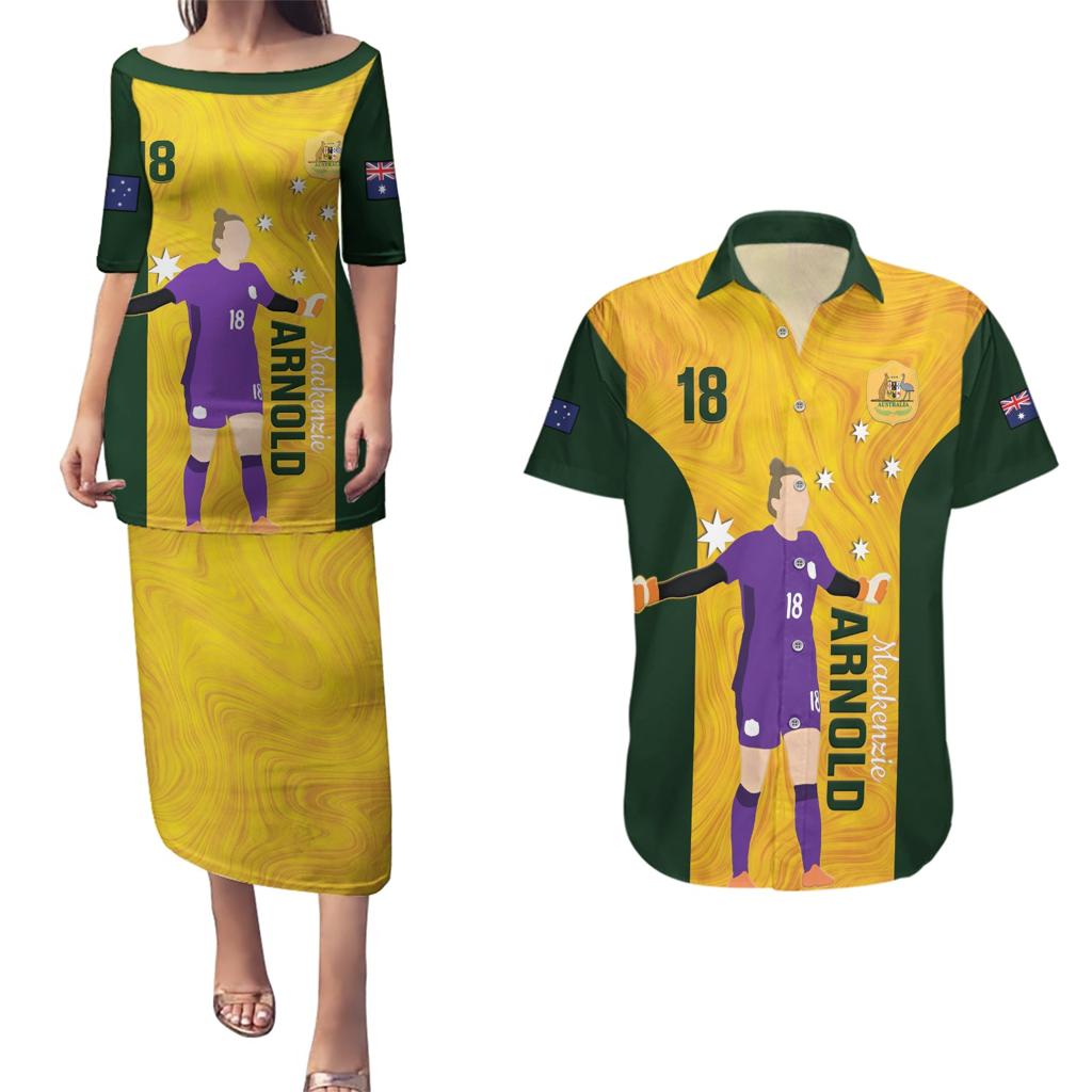 Australia Soccer Couples Matching Puletasi and Hawaiian Shirt Arnold Matildas Gold Version