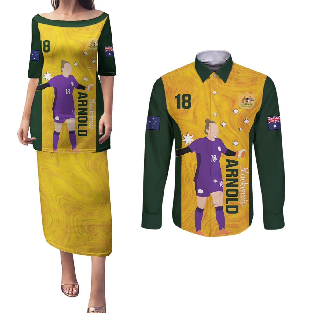 Australia Soccer Couples Matching Puletasi and Long Sleeve Button Shirt Arnold Matildas Gold Version