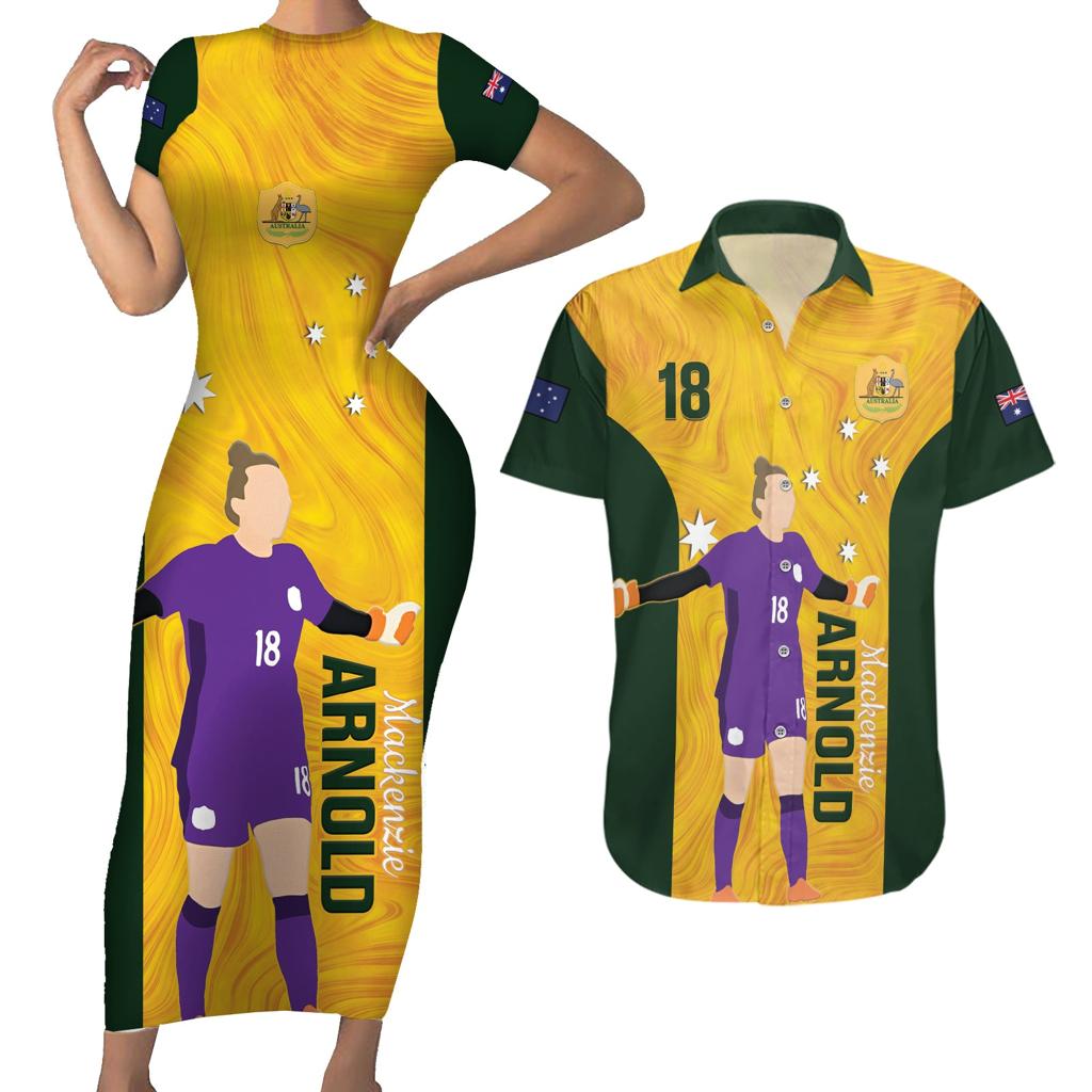 Australia Soccer Couples Matching Short Sleeve Bodycon Dress and Hawaiian Shirt Arnold Matildas Gold Version