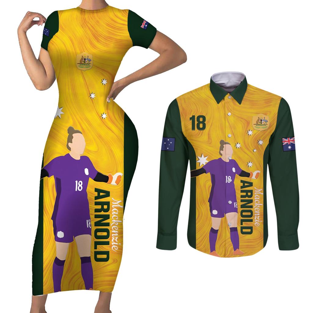 Australia Soccer Couples Matching Short Sleeve Bodycon Dress and Long Sleeve Button Shirt Arnold Matildas Gold Version