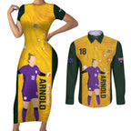 Australia Soccer Couples Matching Short Sleeve Bodycon Dress and Long Sleeve Button Shirt Arnold Matildas Gold Version