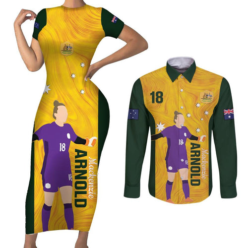 Australia Soccer Couples Matching Short Sleeve Bodycon Dress and Long Sleeve Button Shirt Arnold Matildas Gold Version