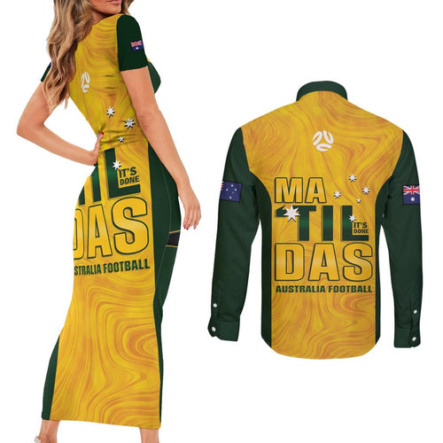 Australia Soccer Couples Matching Short Sleeve Bodycon Dress and Long Sleeve Button Shirt Arnold Matildas Gold Version